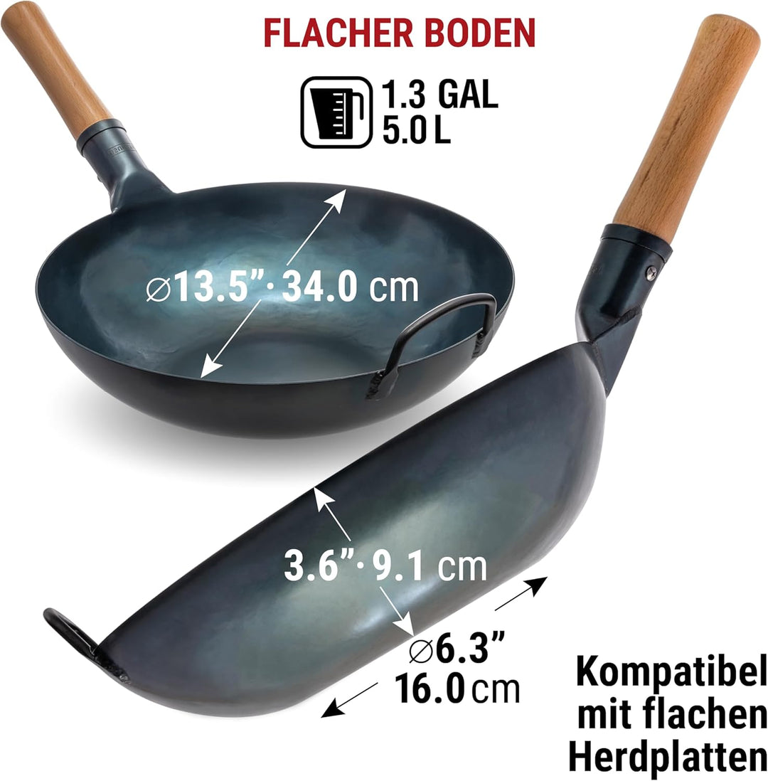 YOSUKATA Karbonstahl Woks &amp; Wokpfannen (34 cm) - Voreingebrannter Wok Pfanne Karbonstahl Flacher Bod
