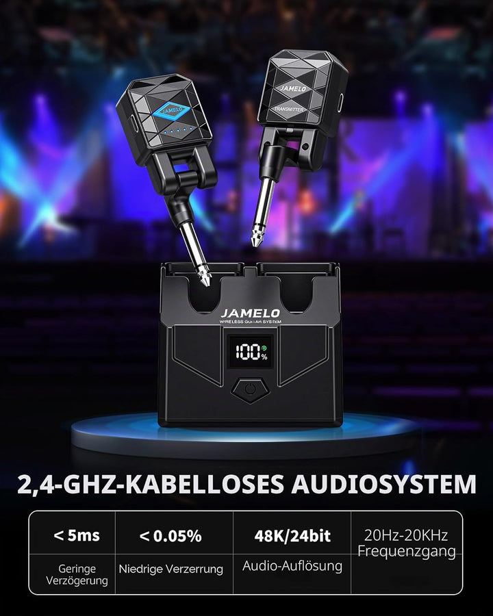 JAMELO Kabelloses Gitarrensystem mit Ladekoffer, Gitarrensender Empfänger, wiederaufladbares Gitarre