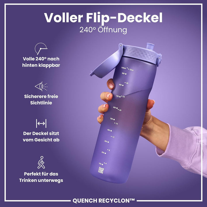 Ion8 1 Liter Trinkflasche, 1000ml, Auslaufsicher, Einhandöffnung, Sichere Verriegelung, Spülmaschine
