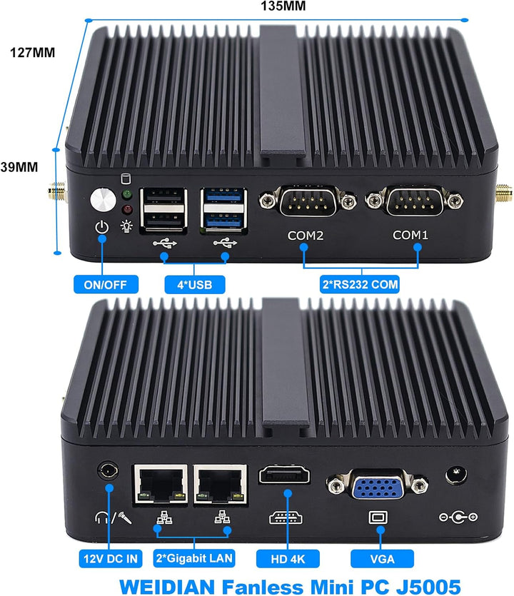 WEIDIAN Industrie PC Lüfterloser Mini PC J5005, 8GB RAM 256GB SSD, 2RS232 COM, 2Gigabit LAN, HD+VGA,