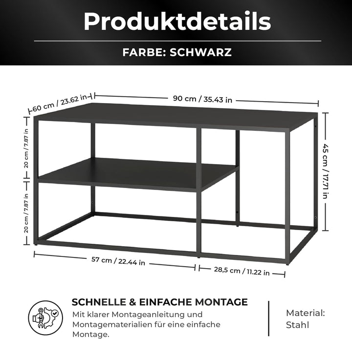 [en.casa] Couchtisch Solund Beistelltisch Metall Schwarz matt Wohnzimmertisch mit Stauraum 45 x 90 x