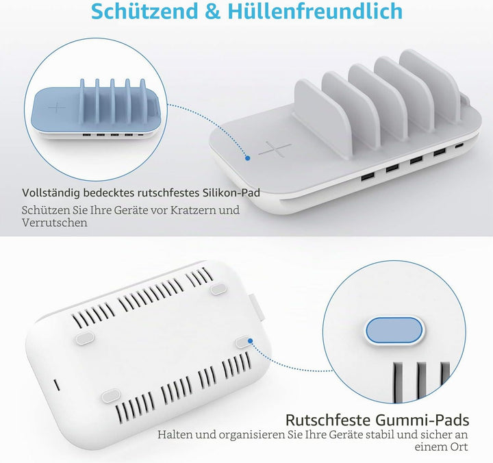 SooPii 70W Ladestation für mehrere Geräte, 5 Port Ladestation mit 15W Wireless Charger, 25W USB C PD