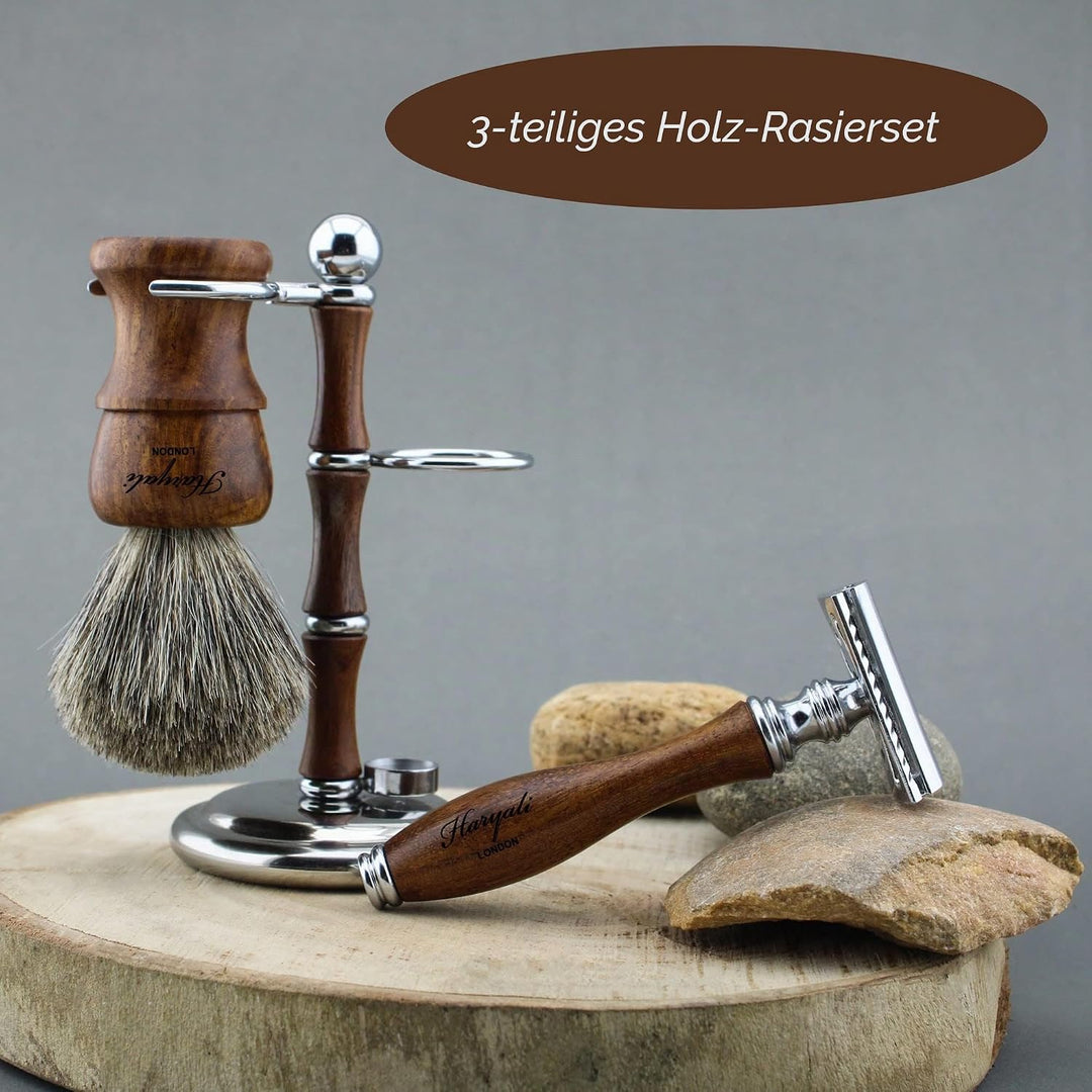 Haryali London Rasierset Herren – Premium Rasierhobel set aus Holz mit Rasierhobel, Rasierpinsel und