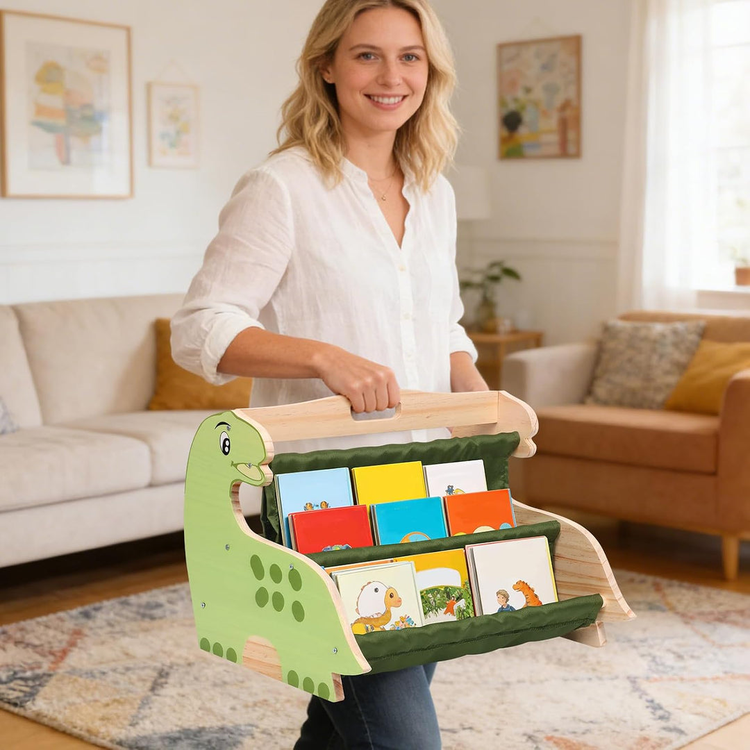 Kinder Bücherregal Holz,Montessori Kinderbücherregal,Doppelseitiges Holzregal mit Robusten Canvas Ta