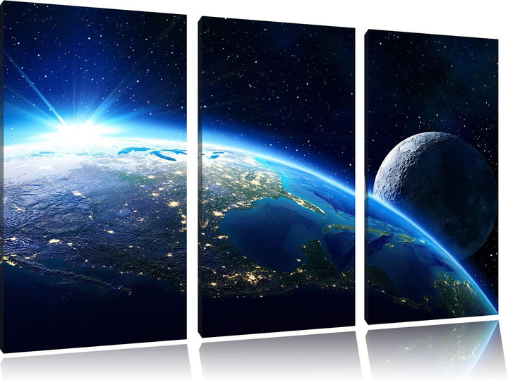 Pixxprint Erde und Ihr Mond aus dem All als Leinwandbild | Grösse: 3 Teilig (120x80) | Wandbild| Kun