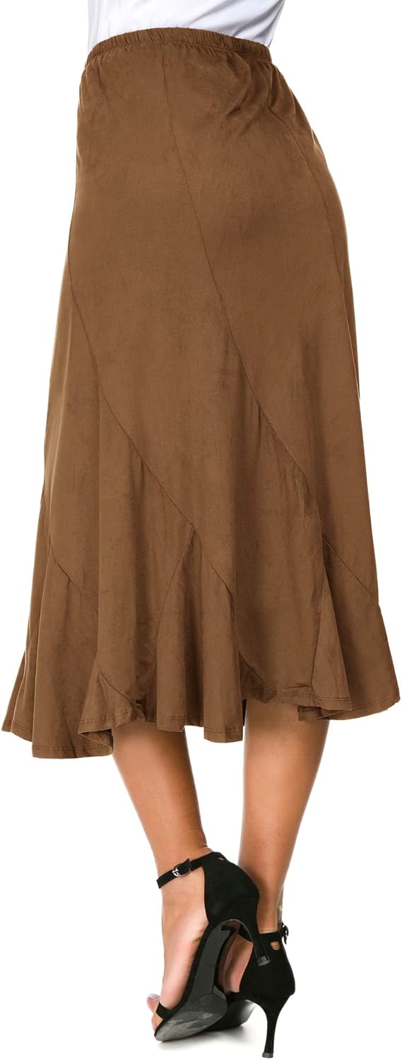 Damen Elegante Elastische Taille Wildleder Lange Midi Röck Casual A-Linie Ausgestellter Swing Rocken