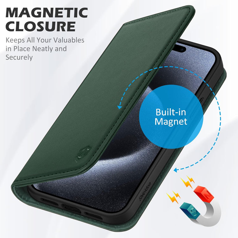 SHIELDON Hülle für iPhone 15 Pro 5G, Lederhülle [Echtleder] [RFID Blocker] [Kartenfach] [Magnet] TPU