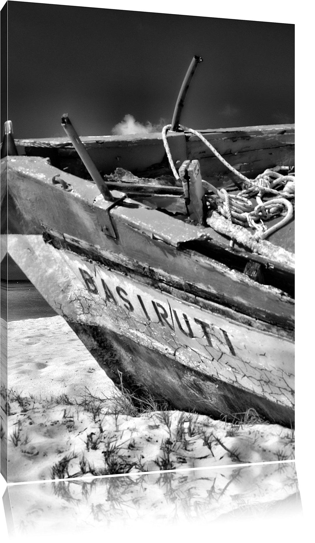 Monocrome, Boot am Strand, Format: 100x70 auf Leinwand, XXL riesige Bilder fertig gerahmt mit Keilra