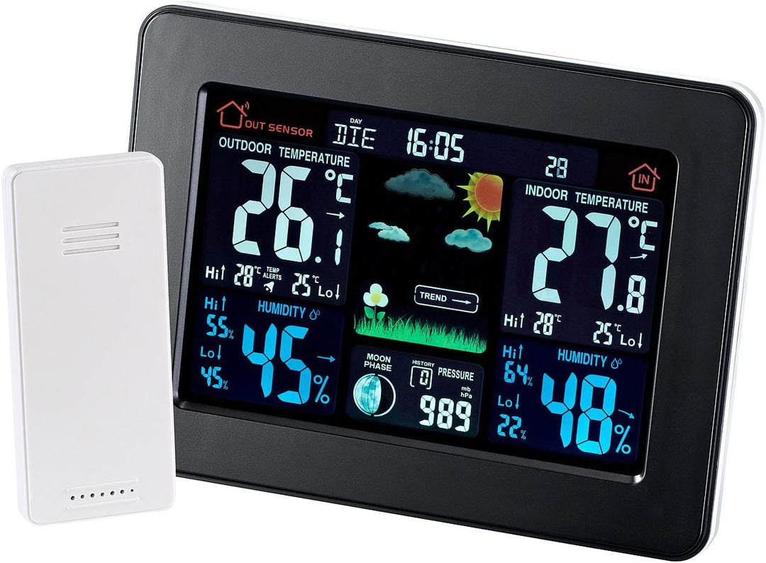 infactory Wetterstation farbig: Wetterstation mit Farb-Display, Funk-Aussensensor, DCF-Funk-Zeitanze