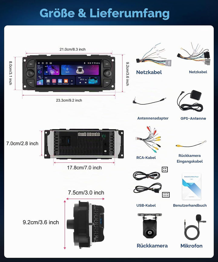 VECHTEL 4G+64G Autoradio Android 15 für Jeep Grand Cherokee Wrangler/Chrysler Grand Voyager 300M PT