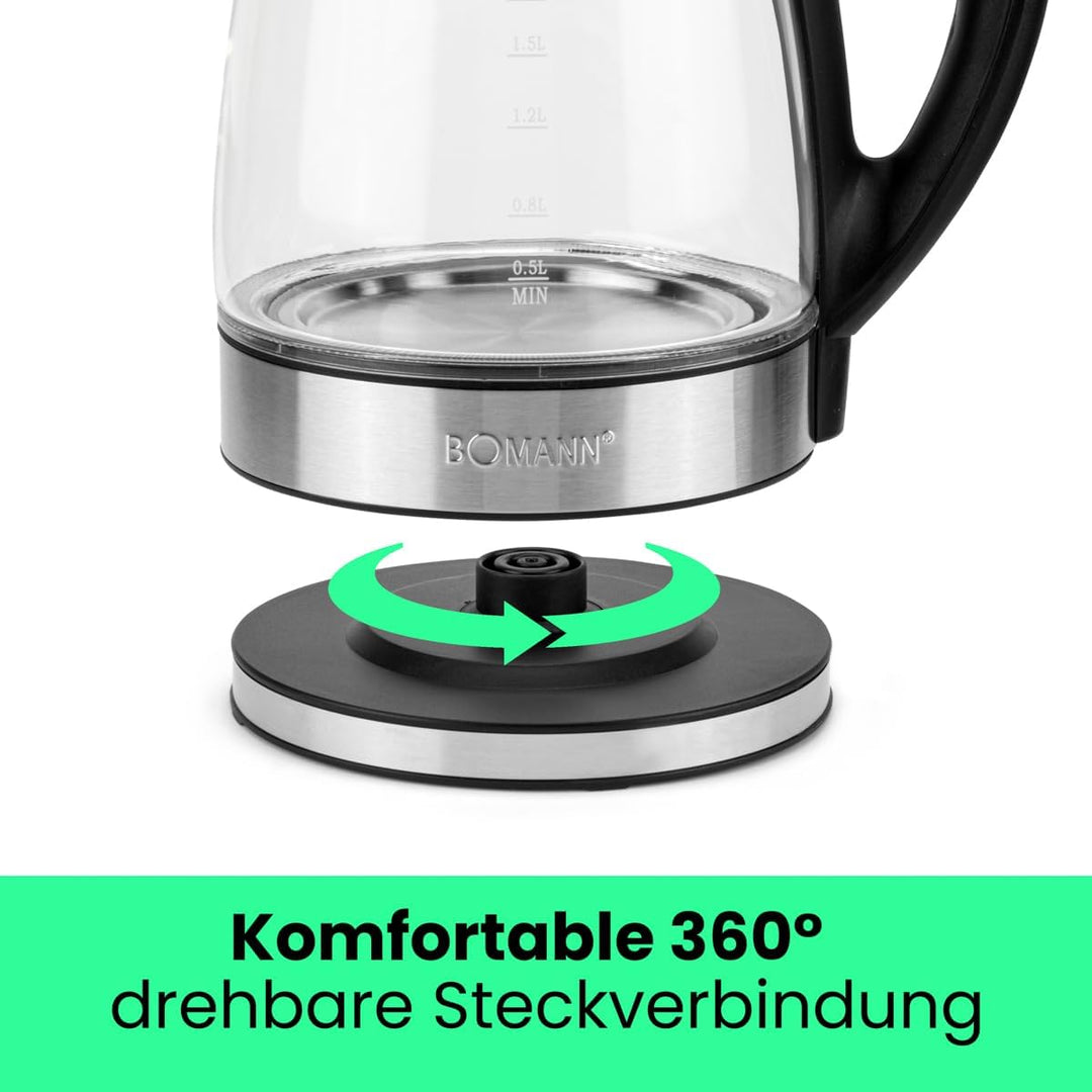 Bomann® Wasserkocher Edelstahl 1,7 Liter | BPA frei | Glaswasserkocher | 2200W | Sicherheitsglas | W