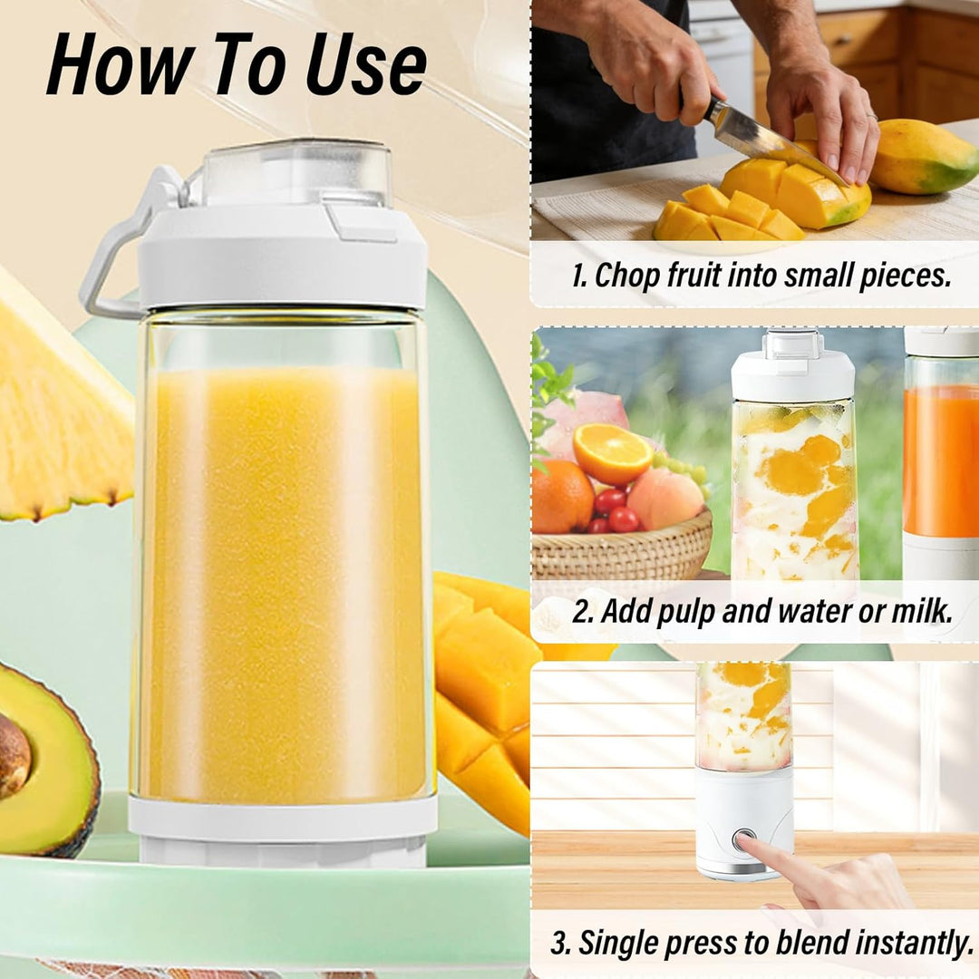 Tragbarer Smoothie Mixer To Go, 650ml Fresh Juice Blender mit 20000 RPM, USB-C Akku, 6 Edelstahlklin