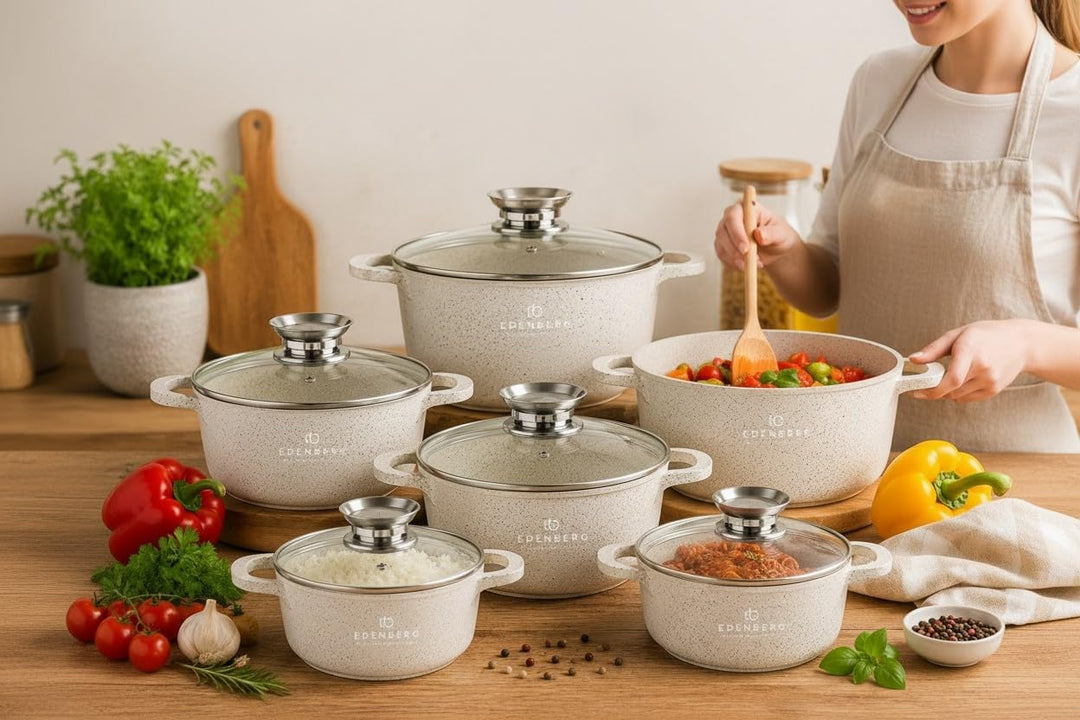 Beige Töpfe mit Marmor-Keramik-Beschichtung 12-tlg Induktion | induktions Töpfe Set, Kochtöpfe, Töpf
