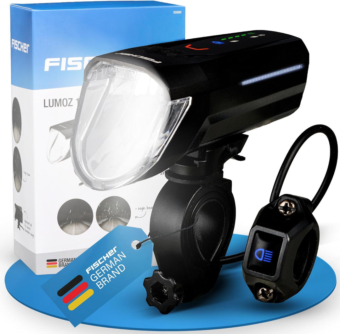 FISCHER Fahrrad LED-Frontlicht 100 Lux Fernlicht, mit Sensormodus, spritzwassergeschütztes Gehäuse,