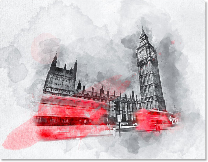 wandmotiv24 Leinwandbild Malerei, 60x45cm, Querformat, Aquarell, London, Deko, Bilder auf Leinwand,