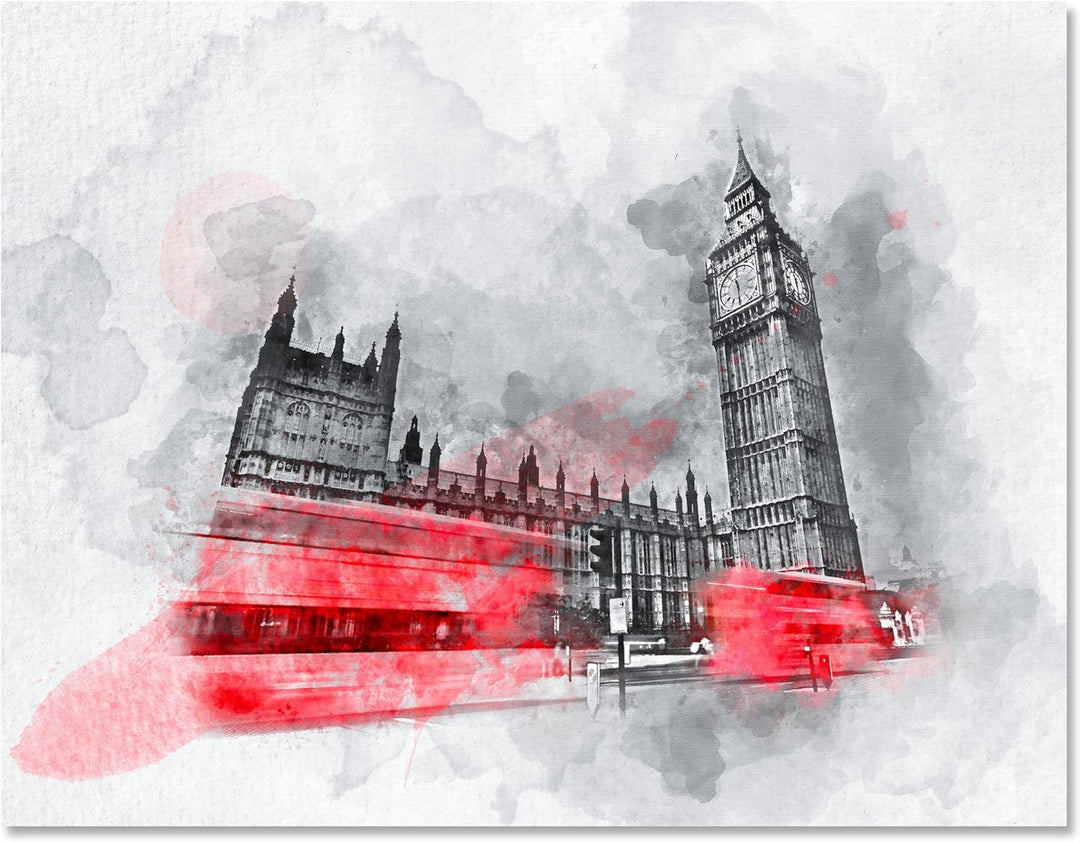 wandmotiv24 Leinwandbild Malerei, 80x60cm, Querformat, Aquarell, London, Deko, Bilder auf Leinwand,