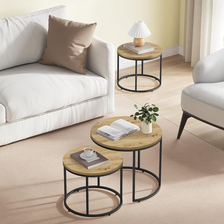 FORTENA 2er Set Couchtische, Schwarze oder goldene Metallbeine, Industrial-Stil, Raund (Artisan – Sc