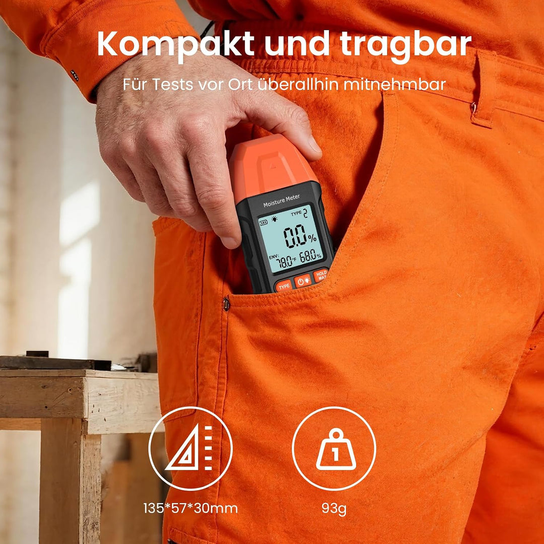 Holzfeuchtemessgerät 4-In-1 Feuchtigkeitsmessgerät Holz und Wand mit Hold-Funktion, Messung von Umge