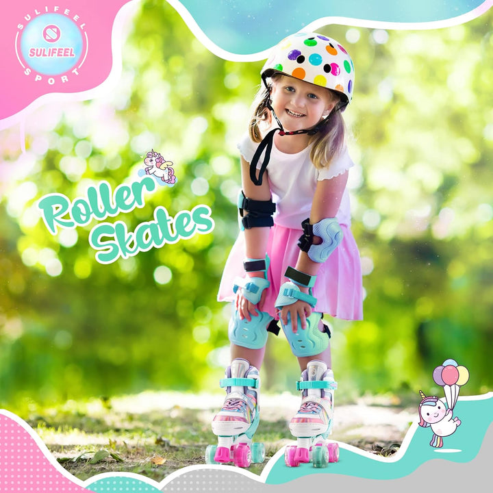 SULIFEEL Rainbow Unicorn Verstellbare Rollschuhe für Kinder mit Leuchtenden Rädern für Mädchen und J