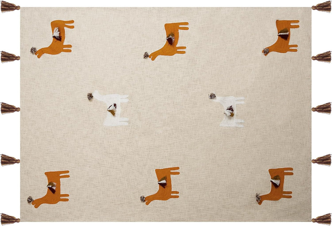 Deko Decke Baumwolle beige/orange mit Lama-Motiv Quasten 130x180 cm Khandwa