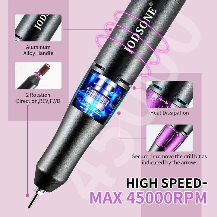 JODSONE Professioneller Nagelbohrer, 45000 U/min, wiederaufladbare Nagelfeile für Nagelgelentfernung
