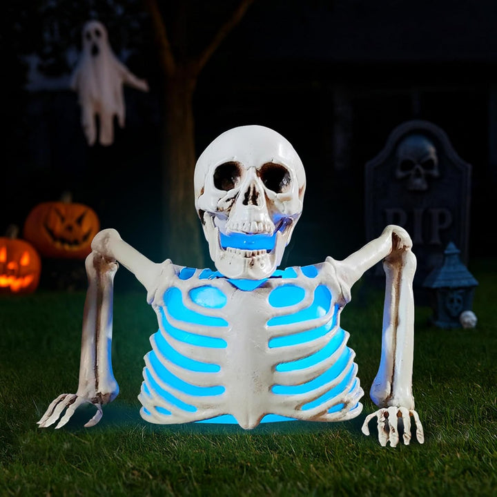 FUFRE Halloween Deko Skelett Mit LED, 23×20X11cm Halloween Skelett Mit Farbenfrohe Licht, Horror Dek