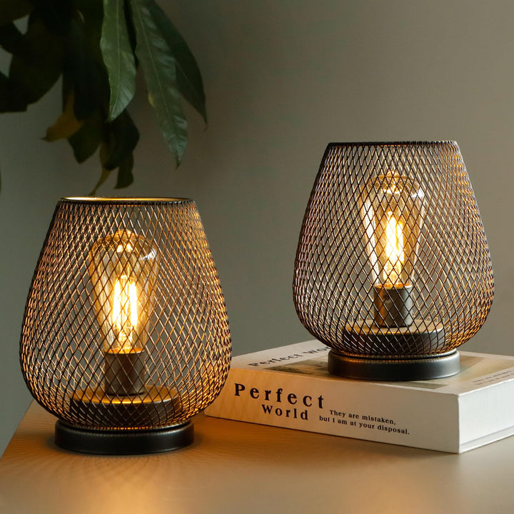 TRIROCKS Set von 2 Metall Batteriebetriebene Lampe 17cm hohe Metallkäfigform Kabellose Tischlampe Ba