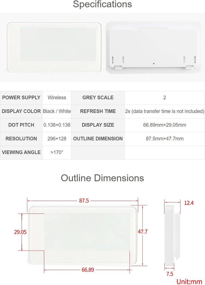 Waveshare 2.9inch Passive NFC-Powered e-Paper No Battery Required Wireless Powering and Data Transfe