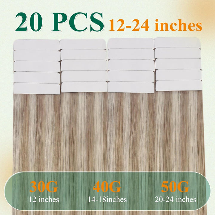 Easyouth Echthaar Extensions Tape in Remy Haarverlangerung Tape Extensions Aschblond Mix Hellblond T