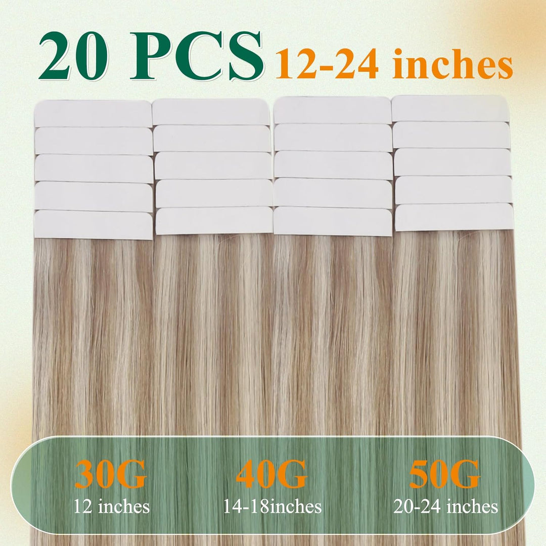 Easyouth Extensions Tape Balayage 20zoll Extensions Tape on Echthaar Aschblondes Highlight mit Hellb