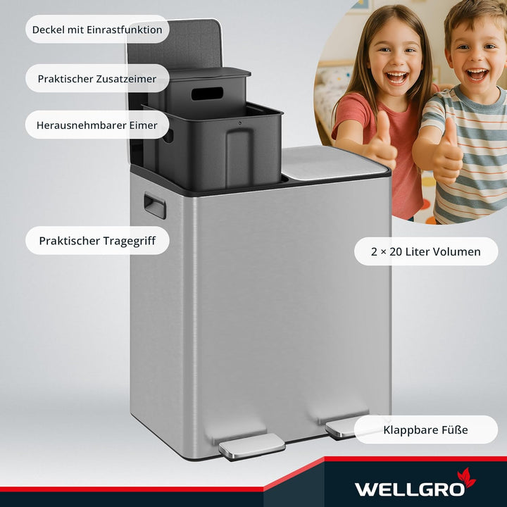 WELLGRO Treteimer, Mülleimer, Edelstahl Tretmülleimer mit 2 x 20 Liter, klappbaren Fusspedalen, Abse