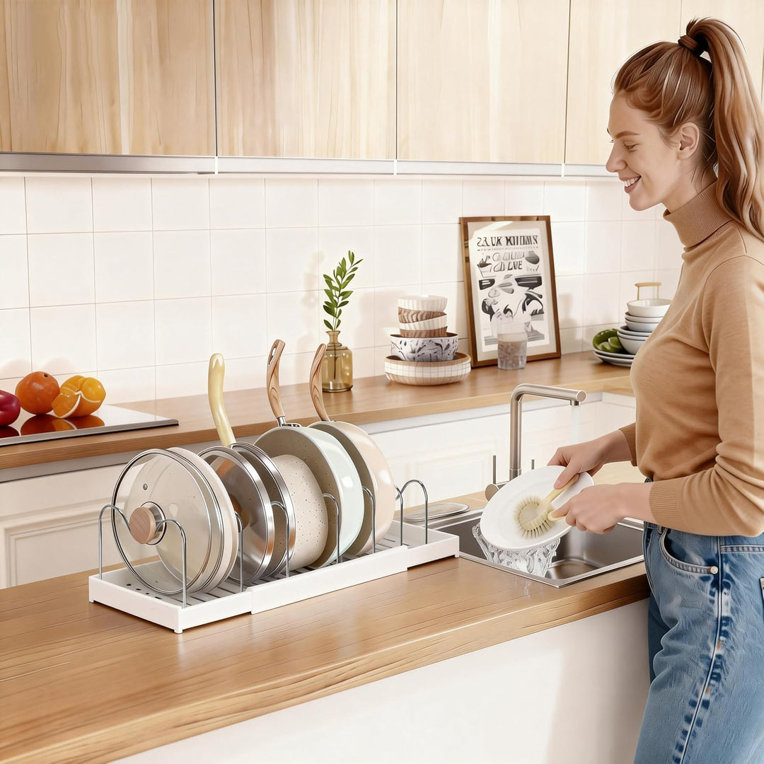 Expandable Pan Organizer for Cabinet, Pots lid and Pans Holder Rack with 7 Adjustable Dividers,Compa