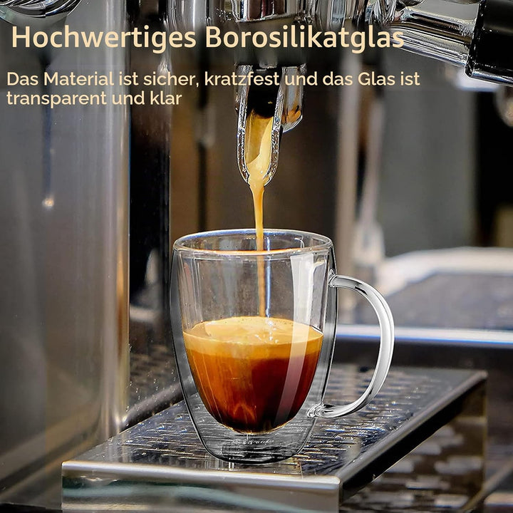 350ml Kaffeeglas Latte Macchiato Gläser mit Henkel, 4-Stück Teeglas Doppelwandige Gläser, Borosilika