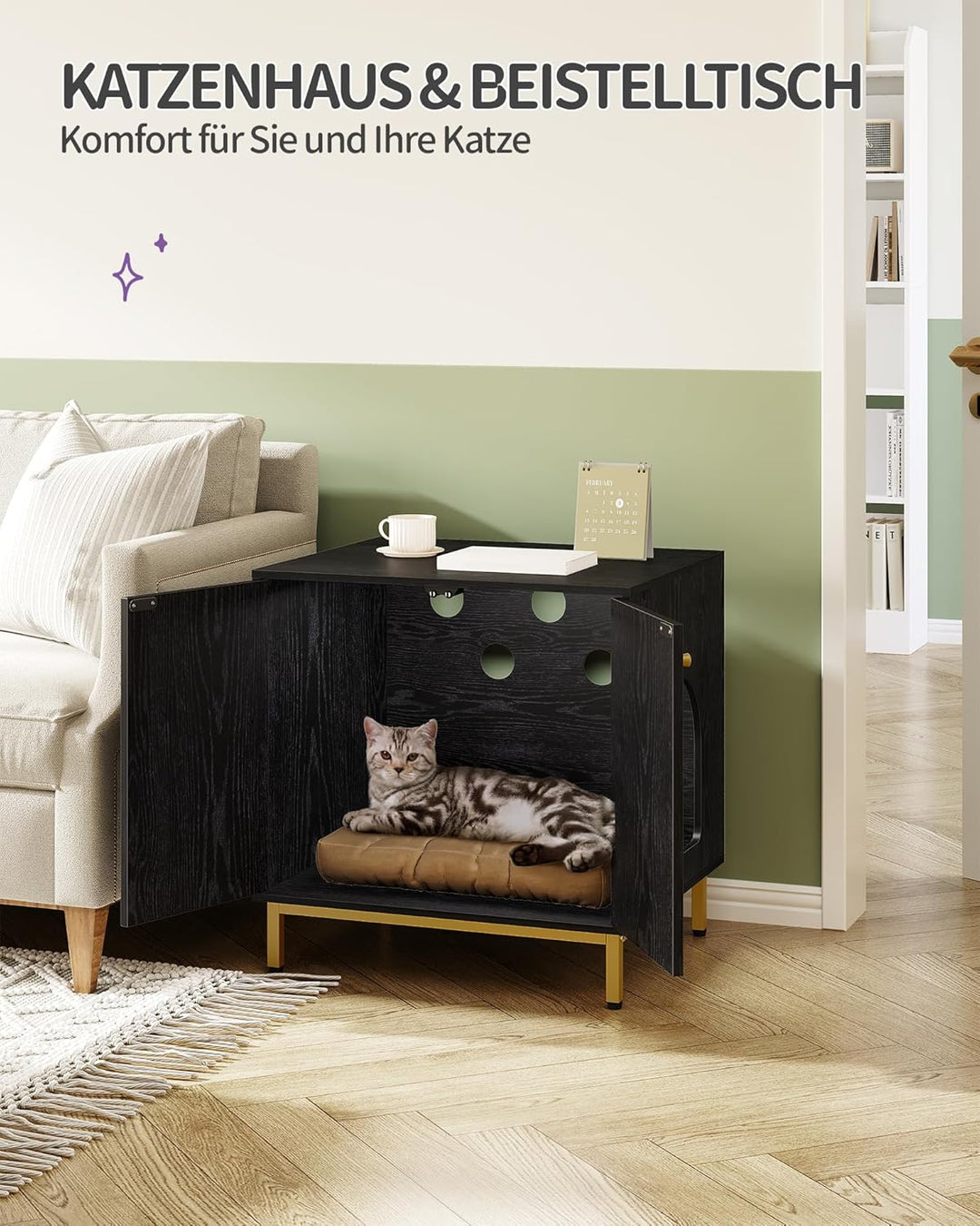 Hzuaneri Katzenschrank, Katzentoilette, Katzenklo Schrank, Katzenhaus mit Tür, Hölzerner Beistelltis