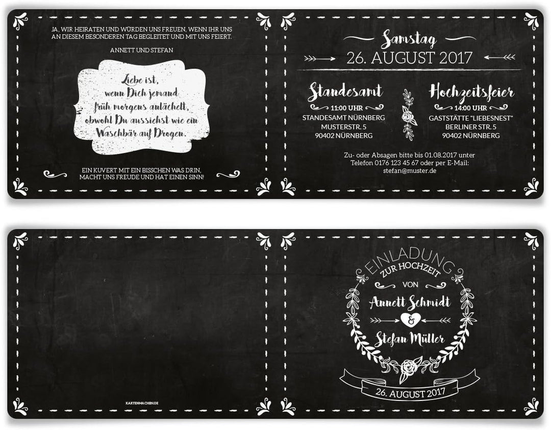 Hochzeitseinladungen (10 Stück) - Schiefertafel Look - Hochzeitskarten Klappkarten, 10