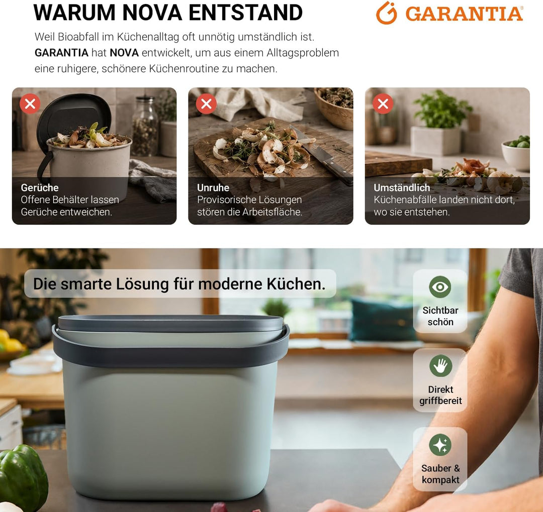 GARANTIA NOVA Biomülleimer Küche 8L Agave/Graphite Grey - Geruchsdichter Komposteimer für Küchenabfä