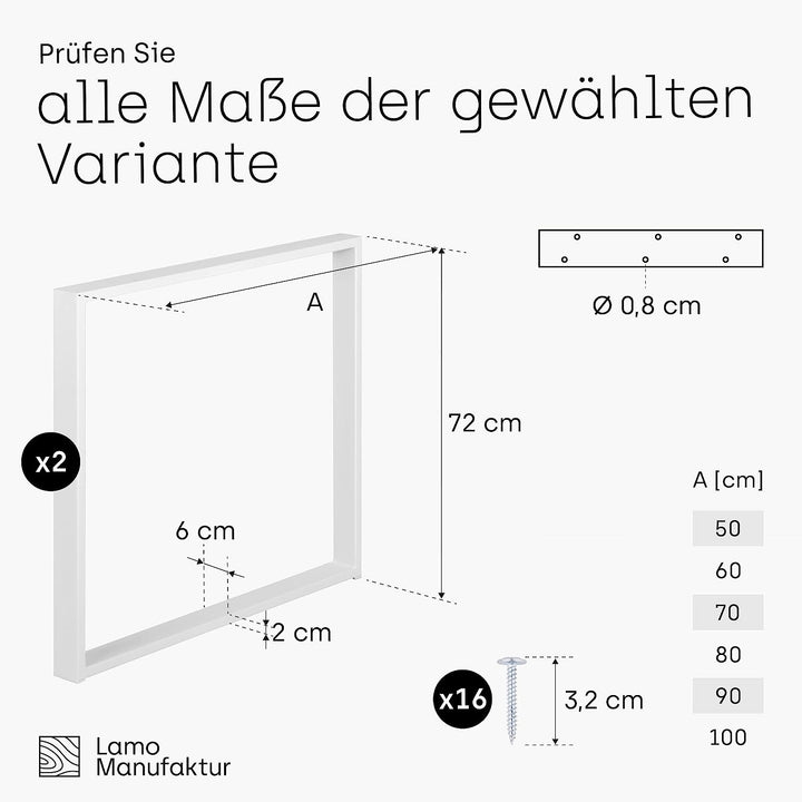 LAMO Manufaktur Tischbeine für Schreibtisch Esstisch, Simple Light, Vierkantprofil 60x20 mm, Tischge