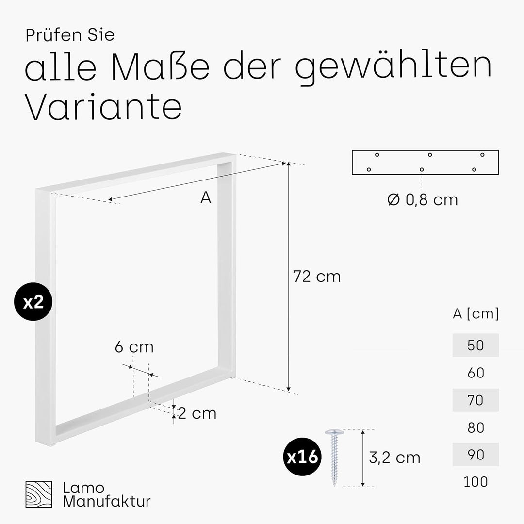 LAMO Manufaktur Tischbeine für Schreibtisch Esstisch, Simple Light, Vierkantprofil 60x20 mm, Tischge