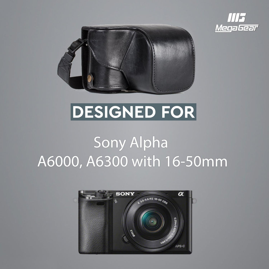 MegaGear Sony Alpha A6300, A6000 (16-50 mm) Ever Ready Echtleder Kamera-Case mit Trageriemen und Bat