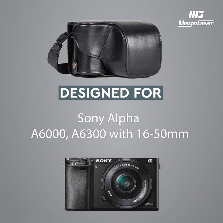 MegaGear Sony Alpha A6300, A6000 (16-50 mm) Ever Ready Echtleder Kamera-Case mit Trageriemen und Bat