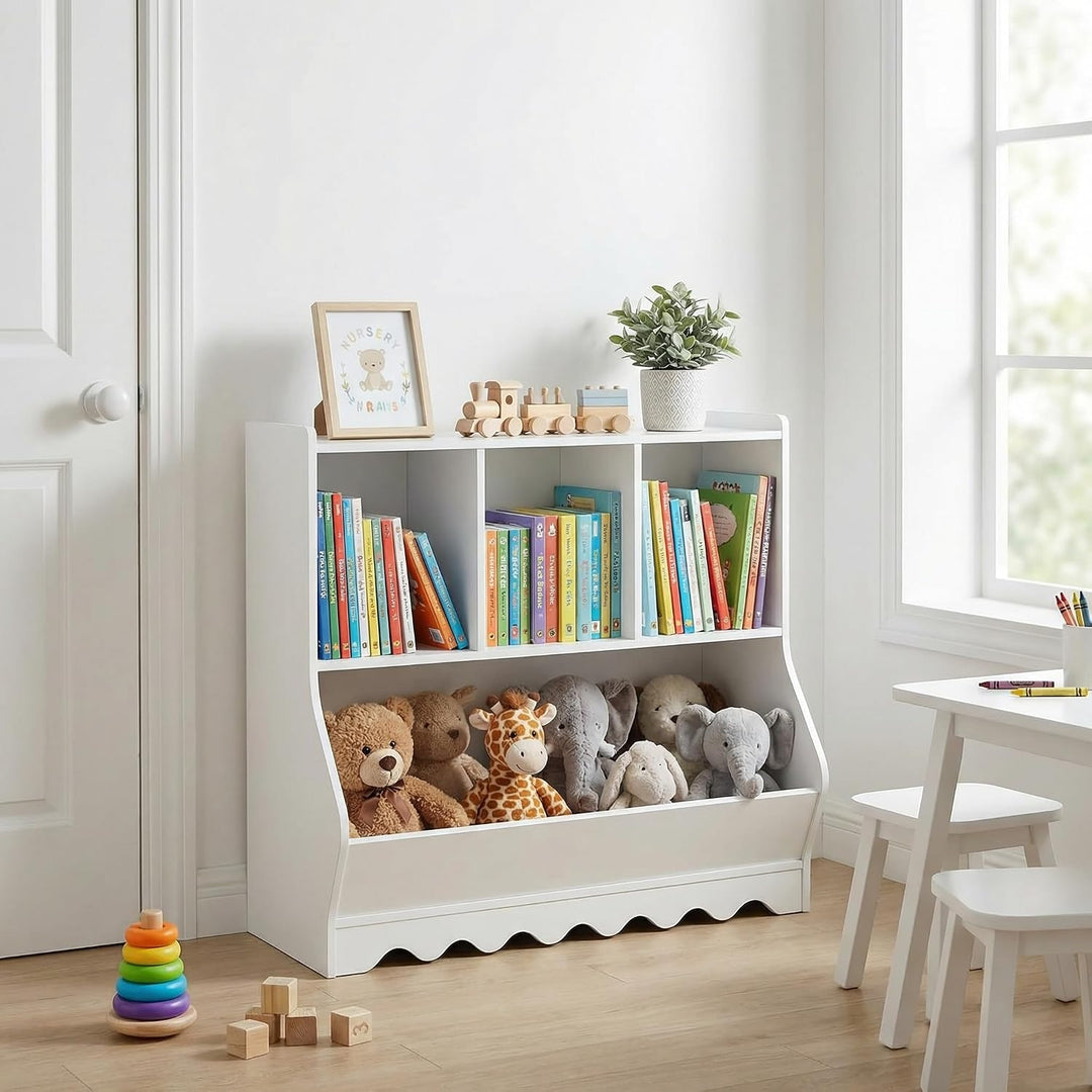 Kinder Bücherregal &amp; Spielzeugregal – Freistehendes Kinderregal aus Holz mit 4 Fächern, Spielzeugauf