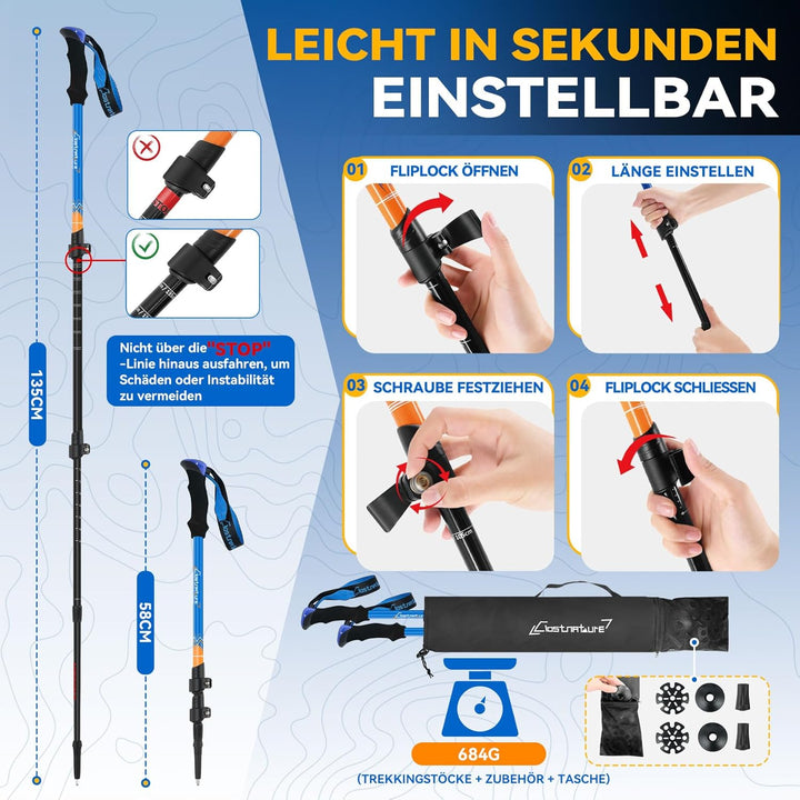 Clostnature Wanderstöcke Teleskop Aluminium - Nordic Walking Stöcke für Damen und Herren, 58-135cm L