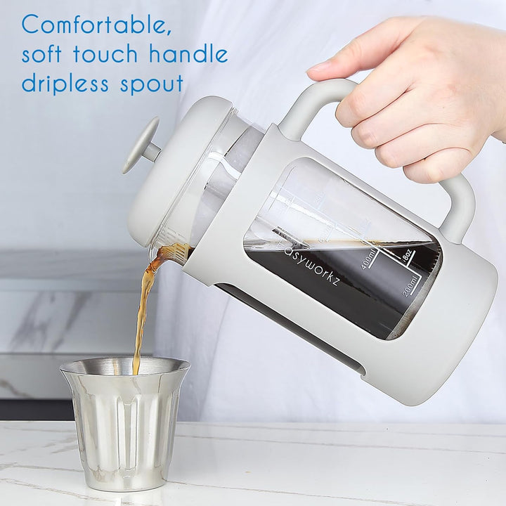 Easyworkz French Press 1000 ml Kaffee-/Teezubereiter mit Borosilikatglas, Softgrip-Griff, Hellgrau H