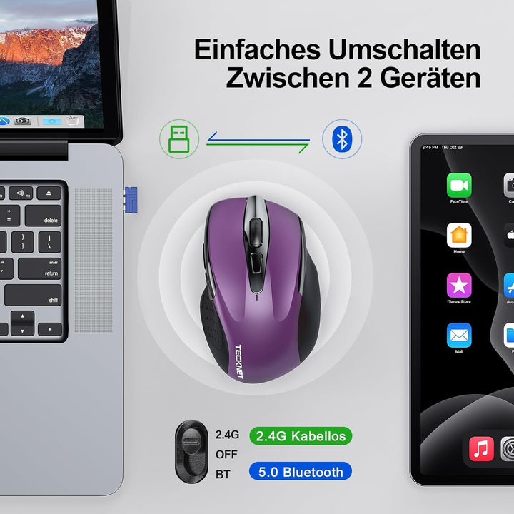 TECKNET Bluetooth Maus, Wiederaufladbare Maus Kabellos(DREI Modi: BT 5.0/3.0 + 2.4G), 4800 DPI, Ergo