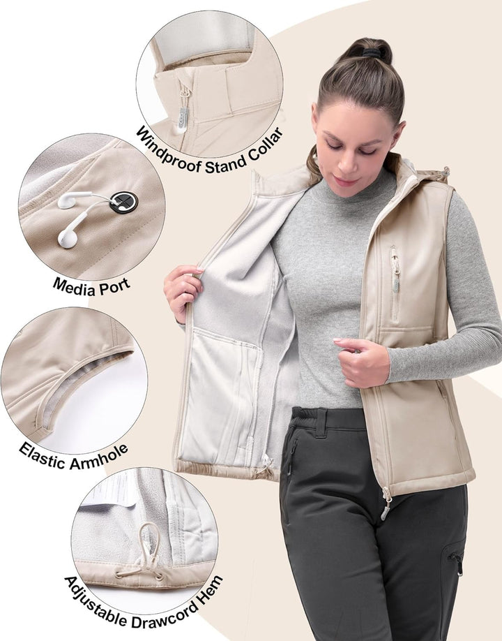 33,000ft Damen Softshell Westen mit Abnehmbare Kapuze Fleece Gefütterte Ärmellose Jacke Wasserdichte