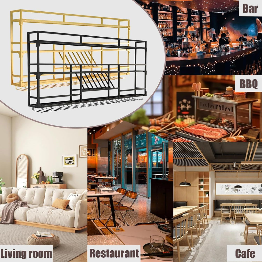 Weinregal Wand, 3 Ebenen Wand-Weinregale mit Glashalter, Multi funktionaler Weinpareite Display Rack