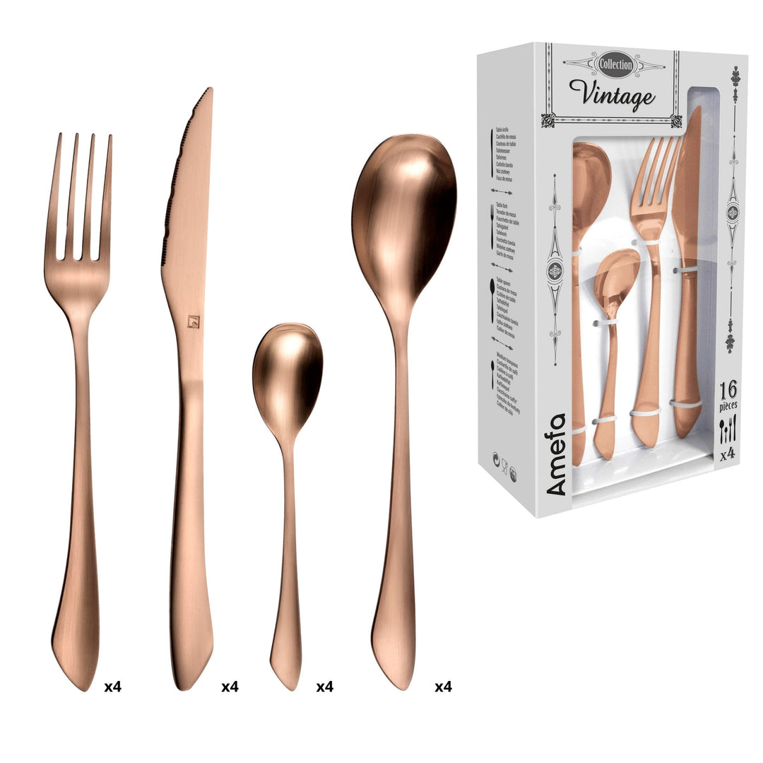 Amefa INSTINCT Besteck Set 4 Personen | 16-teilig | PVD Besteck Kupfer-farben im Vintage Style | Bes