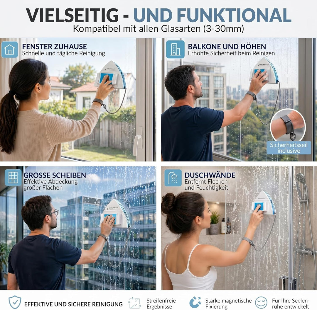 Magnetischer Fensterreiniger Verstellbar 3–30 mm – Doppelglas & Einzelfenster – Mit Sicherheitsseil,
