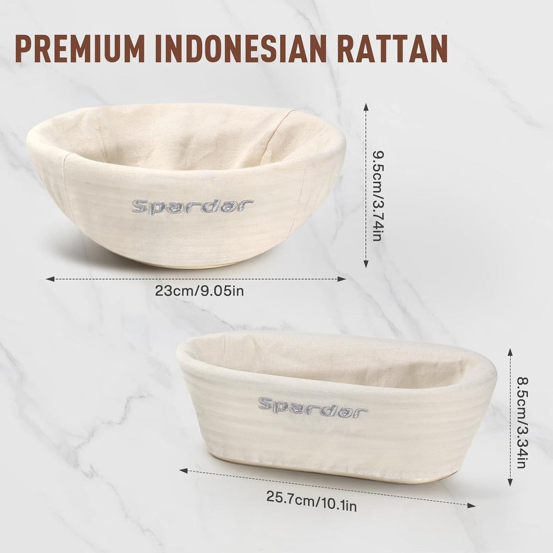 Spardar Brot Gärkorb Set, 23cm Runden und 25cm Ovalen Sauerteigkörben, 100% natürlichem Rattan, Gärk