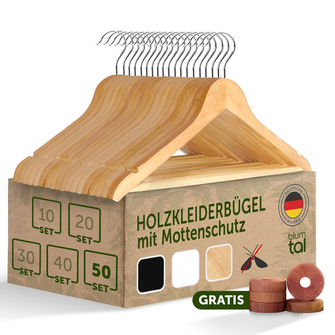 Blumtal Kleiderbügel Holz 50er Set - Holzbügel mit 360° drehbarem Metallhaken - Bügel aus robustem H